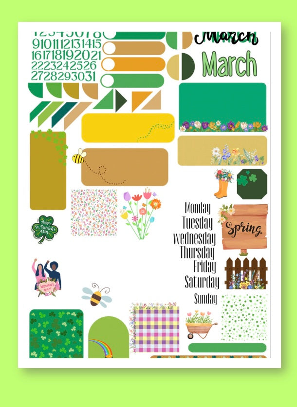 March-Themed Planner Sticker Set – Spring & St. Patrick’s Day Designs