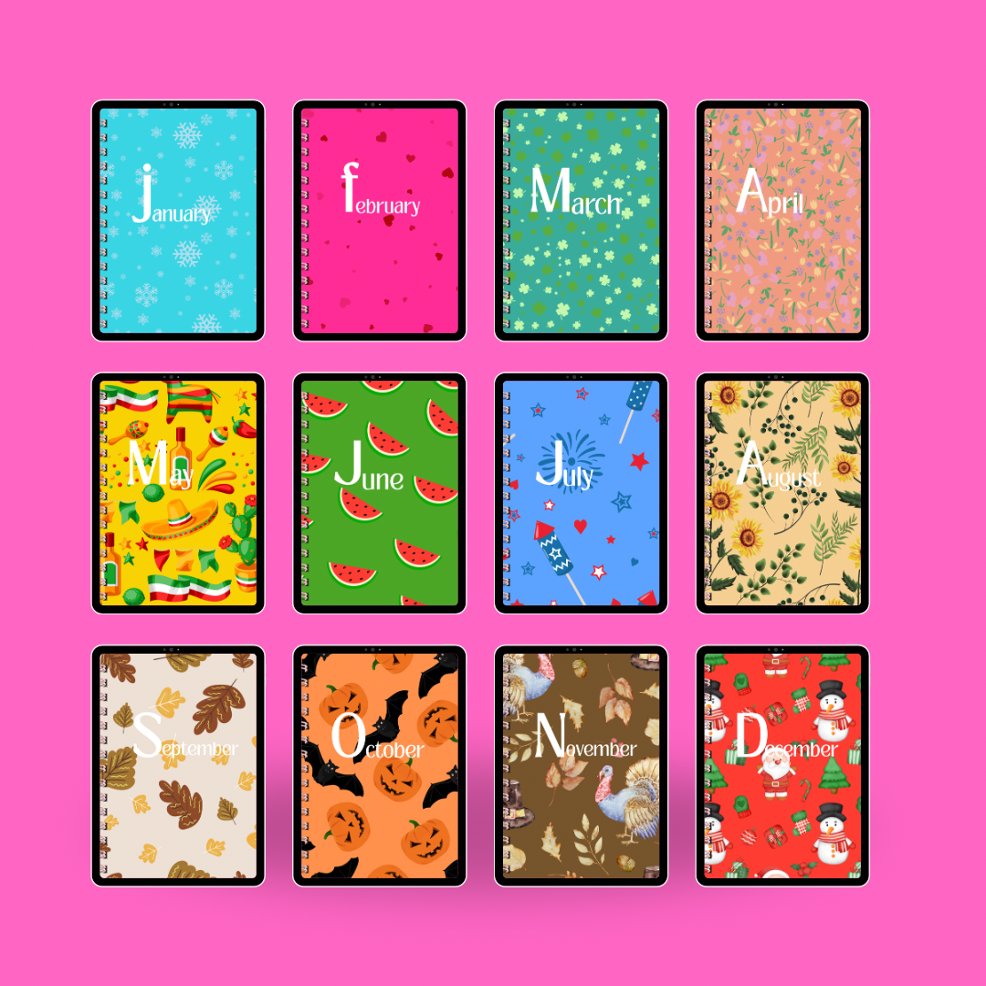 2026 Monthly Digital Planner Covers – Colorful Seasonal iPad Covers (12 Month Set)